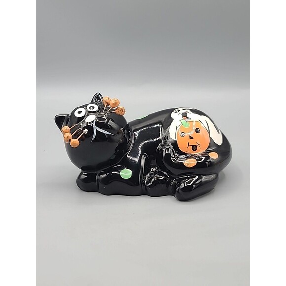 Whimsical Ceramic Cat Figurine Black with Polka Dots Halloween Pumpkin Figurine - Picture 2 of 10